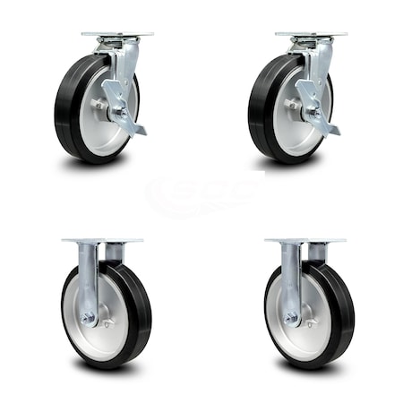 Service Caster 8 Inch Rubber on Aluminum Caster Set with Roller Bearings 2 Brakes 2 Rigid SCC SCC-30CS820-RAR-TLB-2-R820-2